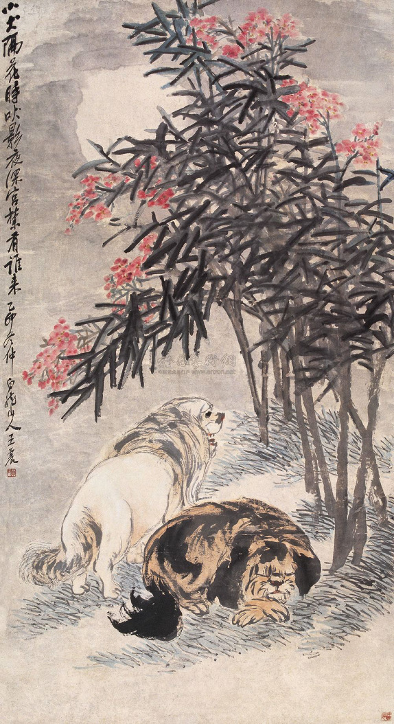 ▲ 청말근대 화가 왕진(王震)의 小犬吠影 (1915年作, 設色紙本, 150×81cm)